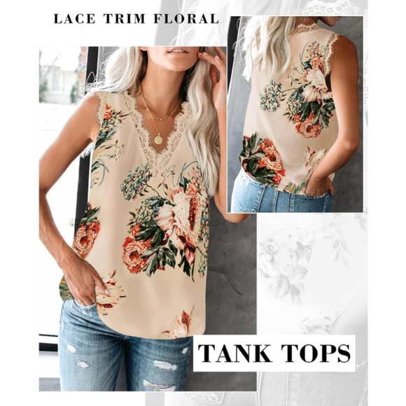 Women's V-Neck Floral Sleeveless Blouse with Lace Trim - Floral Apricot - Picture 2 of 10